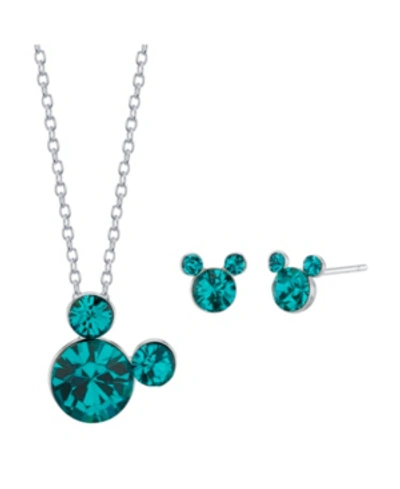 Shop Disney Silver Plated Crystal Birthstone Mickey Mouse Earring And Necklace Set, 16"+2" Extender In December/blue Zirconia