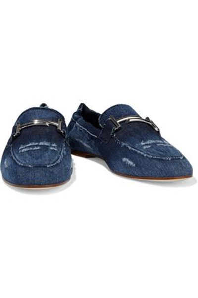 Shop Tod's Double T Embellished Distressed Denim Loafers In Mid Denim