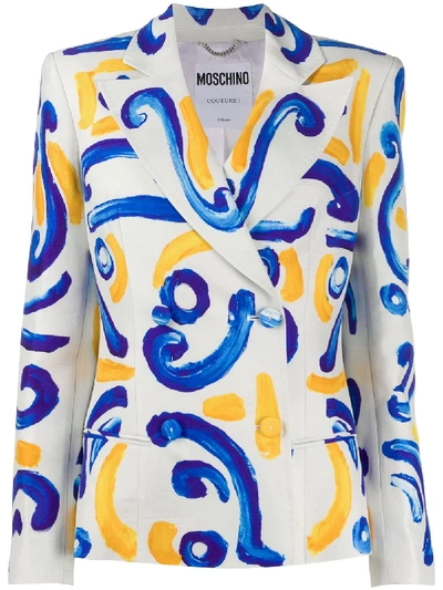 Shop Moschino Double-breasted Tile-print Blazer In White