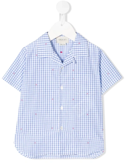 Shop Gucci Check Print Tiny Embroidery Shirt In Blue