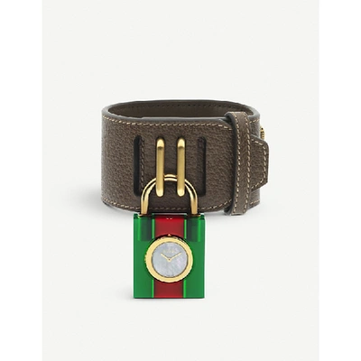 Shop Gucci Ya150503 Padlock Mother-of-pearl Leather Strap Quartz Watch In Green/red