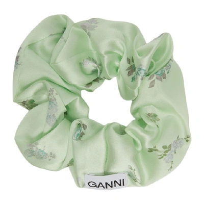 Shop Ganni Green Silk Satin Floral Scrunchie In 776 Patina