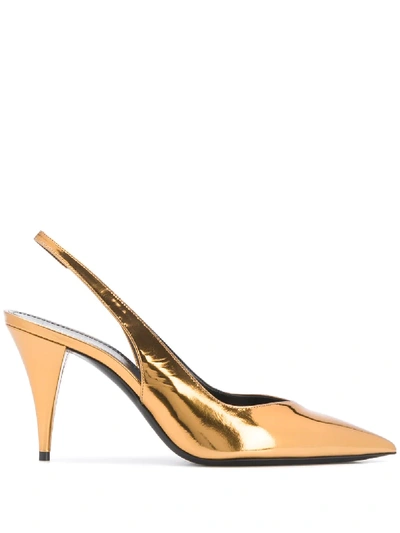 Shop Saint Laurent Kiki Shiny-effect Slingback Pumps In Gold