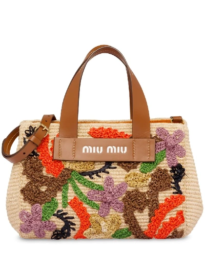 Shop Miu Miu Floral Logo Print Tote Bag In Neutrals