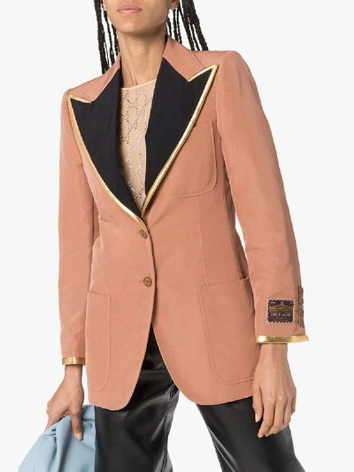 Shop Gucci Contrast Lapel Gold Trim Blazer In Pink