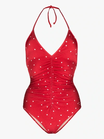 Shop Adriana Degreas Ruched Polka Dot Swimsuit In Red