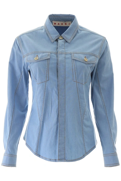 Shop Marni Cotton Shirt In Zaffiro (light Blue)