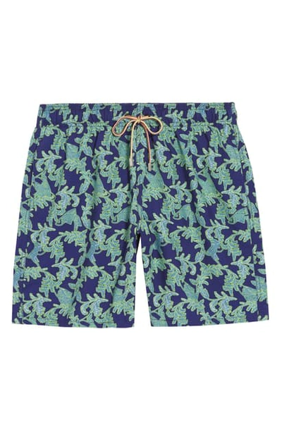 Shop Bugatchi Ocean Lace Print Swim Trunks In Navy