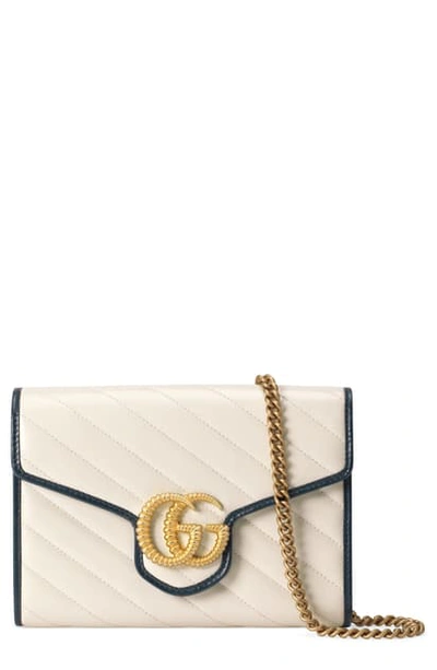 Shop Gucci Gg Torchon Matelasse Leather Wallet On A Chain In Mystic White/ Blue Agata