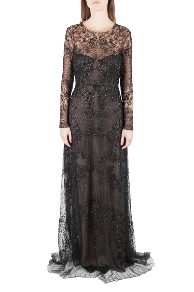 Pre-owned Monique Lhuillier Noir Black Embellished Long Sleeve Evening Gown S