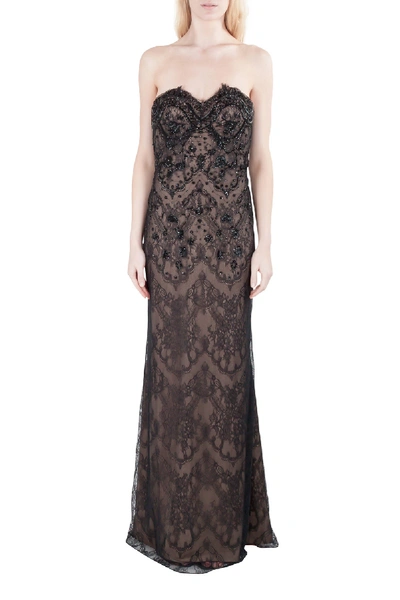 Pre-owned Marchesa Notte Black Embellished Lace Overlay Strapless Evening Gown M