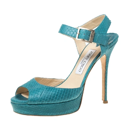 Pre-owned Jimmy Choo Blue Python Peep Toe Platform Sandals Size 38.5