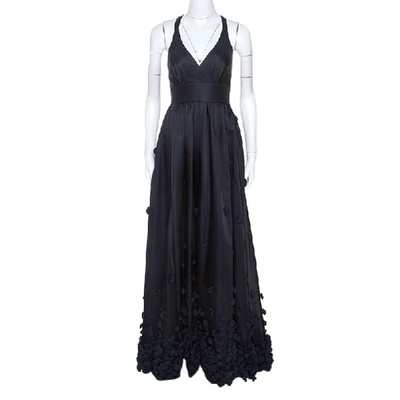 Pre-owned Temperley Black & Navy Blue Satin Floral Applique Detail Gown S