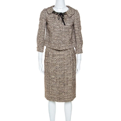 Pre-owned Alberta Ferretti Brown Tweed Short Blazer And Knee Length Skirt Set S