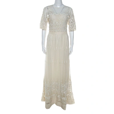 Pre-owned Burberry Cream Lace Short Sleeve Maxi Dress L