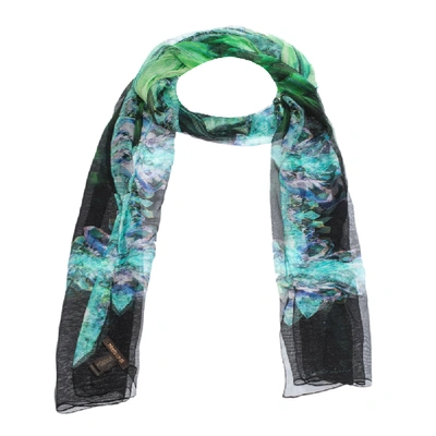 Pre-owned Roberto Cavalli Green Floral Printed Silk Tulle Stole