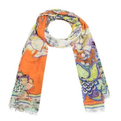 Pre-owned Roberto Cavalli Orange Floral Printed Modal Scarf