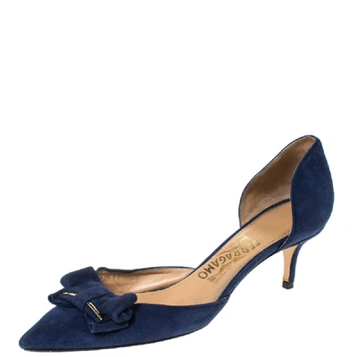 Pre-owned Ferragamo Blue Suede Rietta Bow D'orsay Pointed Toe Sandals Size 39.5