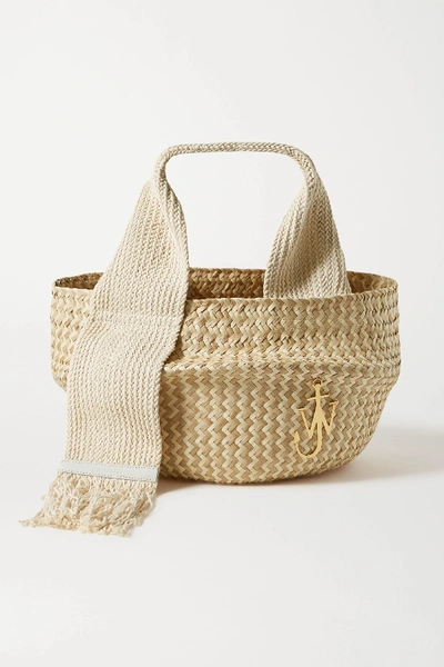 Shop Jw Anderson Basket Leather-trimmed Woven Raffia Tote In Beige