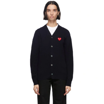 Shop Comme Des Garçons Play Comme Des Garcons Play Navy And Red Wool Mens Fit Heart Patch V-neck Cardigan