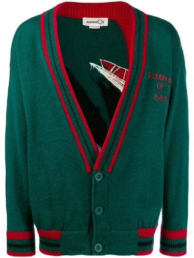Pre-owned Kansai Yamamoto 1990s Intarsia Eagle Dropped V-neck Cardigan In Green