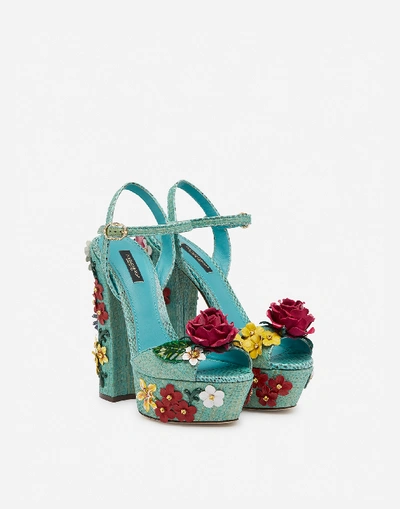 Shop Dolce & Gabbana Wedge Sandals In Tropea Straw With Embroidery In Aquamarine