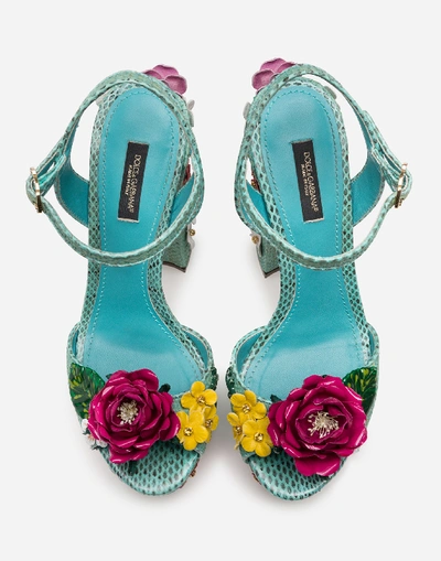 Shop Dolce & Gabbana Wedge Sandals In Tropea Straw With Embroidery In Aquamarine