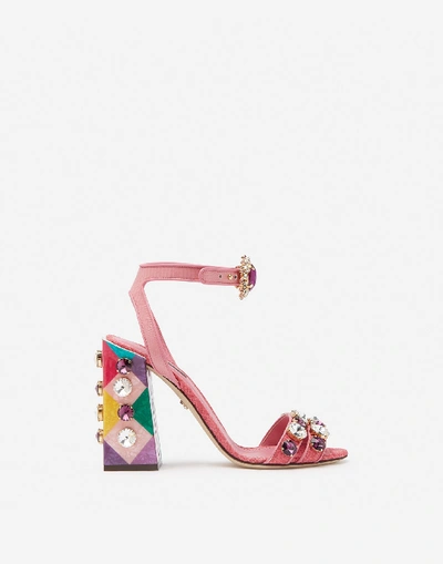 Shop Dolce & Gabbana Sandals In Tropea Straw With Stone Embroidery In Pink