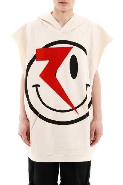 Shop Raf Simons Bowie Smiley Face Sleeveless Hoodie In Beige