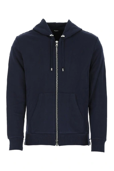 Shop Balmain Logo Zip Up Hoodie In Navy