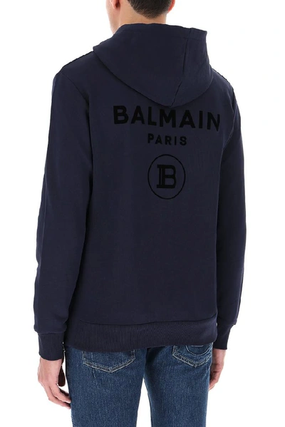 Shop Balmain Logo Zip Up Hoodie In Navy