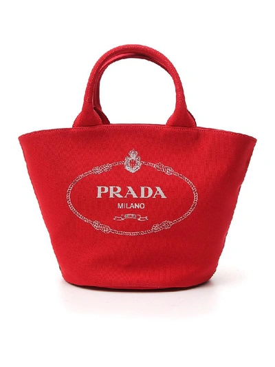 Shop Prada Logo Canvas Tote Bag In Red