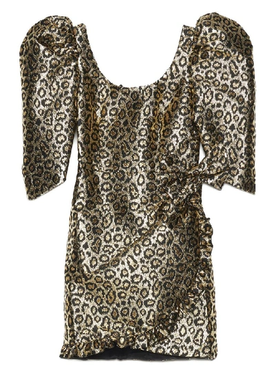 Shop Alessandra Rich Puff Sleeve Leopard Print Dress In Gold