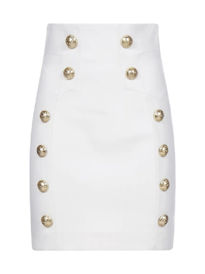 Shop Balmain Button Detail High Waist Skirt In White