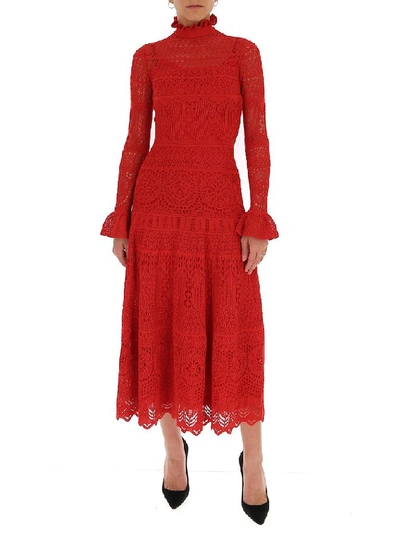 Shop Alexander Mcqueen Lace Flared Dress In Red