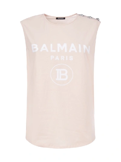 Shop Balmain Logo Print Sleeveless Top In Pink