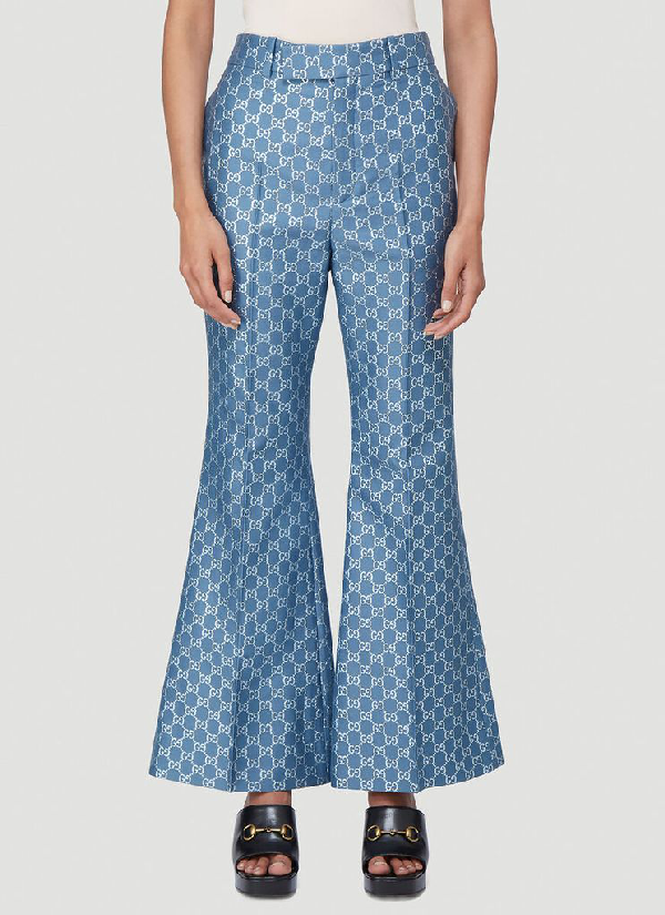 Gucci Gg Wool & Lamé Blend Flared Crop Pants In Blue | ModeSens