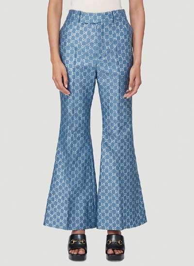 Shop Gucci Gg Lamé Flare Pants In Blue