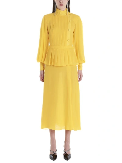 Shop Alessandra Rich Pleated Peplum Dress In Yellow