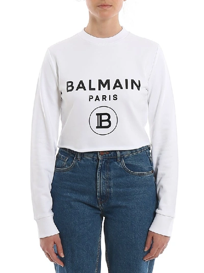 Shop Balmain Logo Cropped Sweatshirt In White
