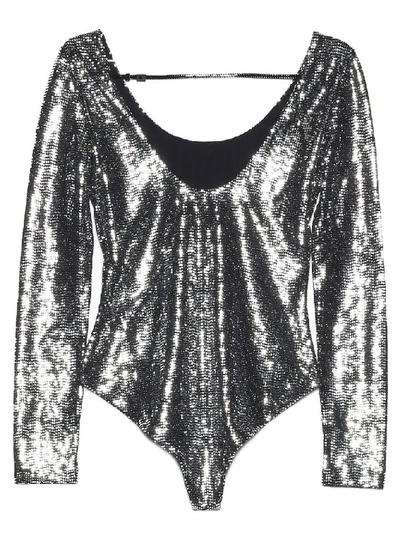 Shop Gucci Metallic Long Sleeve Bodysuit In Silver