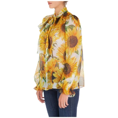 Shop Dolce & Gabbana Sunflower Print Pussy Bow Blouse In Yellow