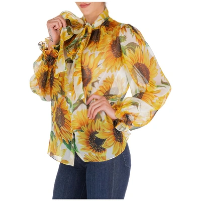 Shop Dolce & Gabbana Sunflower Print Pussy Bow Blouse In Yellow