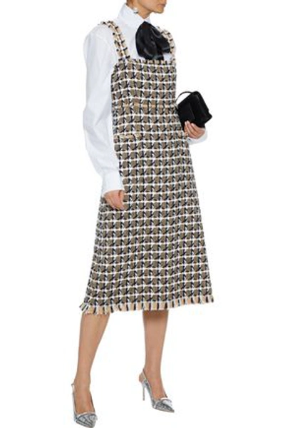 Shop Oscar De La Renta Frayed Cotton-blend Jacquard Midi Dress In Sand