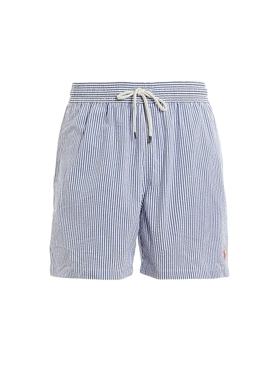 Shop Polo Ralph Lauren Logo Embroidery Striped Swim Shorts In Light Blue