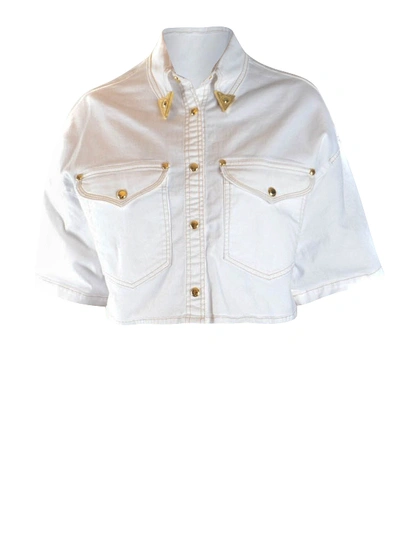 Shop Versace Jeans Couture Golden Plaque White Cropped Shirt