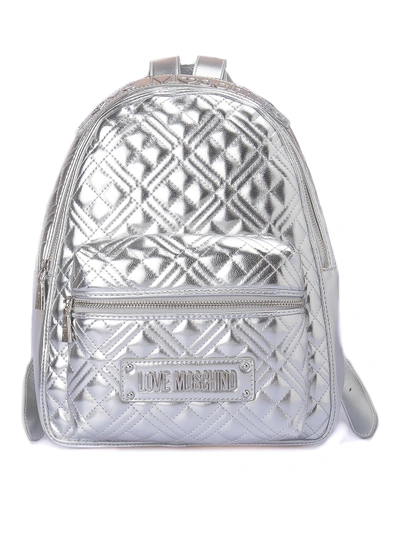 Shop Love Moschino Quilted Faux Leather Backpack In Silver