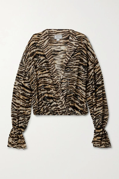 Shop Redemption Sequin-embellished Tiger-print Chiffon Blouse In Beige