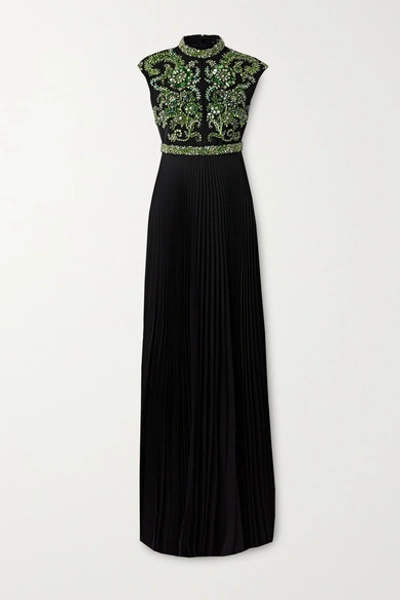 Shop Andrew Gn Pleated Crystal-embellished Silk-blend Crepe Gown In Black