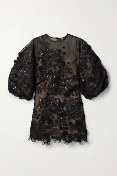 Shop Andrew Gn Appliquéd Embellished Silk-blend Tulle Mini Dress In Black